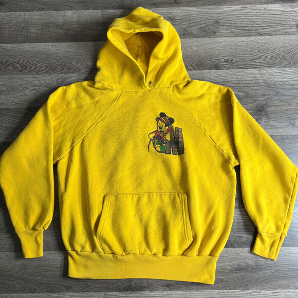 VTG Mickey Mouse Hoodie Fits Small/XS Fishing Raglan 1980s Disney Distressed USA - Picture 1 of 14